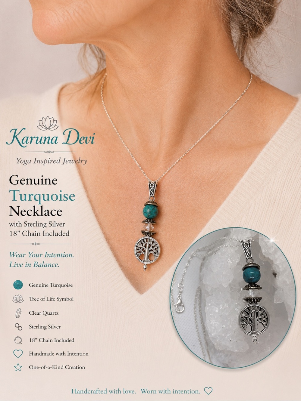 Turquoise Genuine Stone & Silver Tree of Life Necklace
